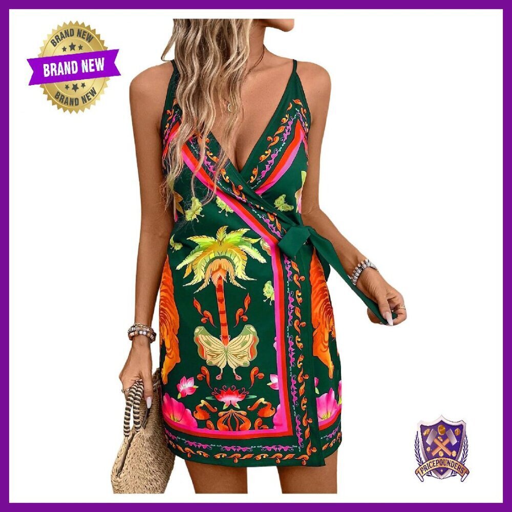 Sleeveless Wrap V-Neck Mini Dress Tropical Print Boho Casual